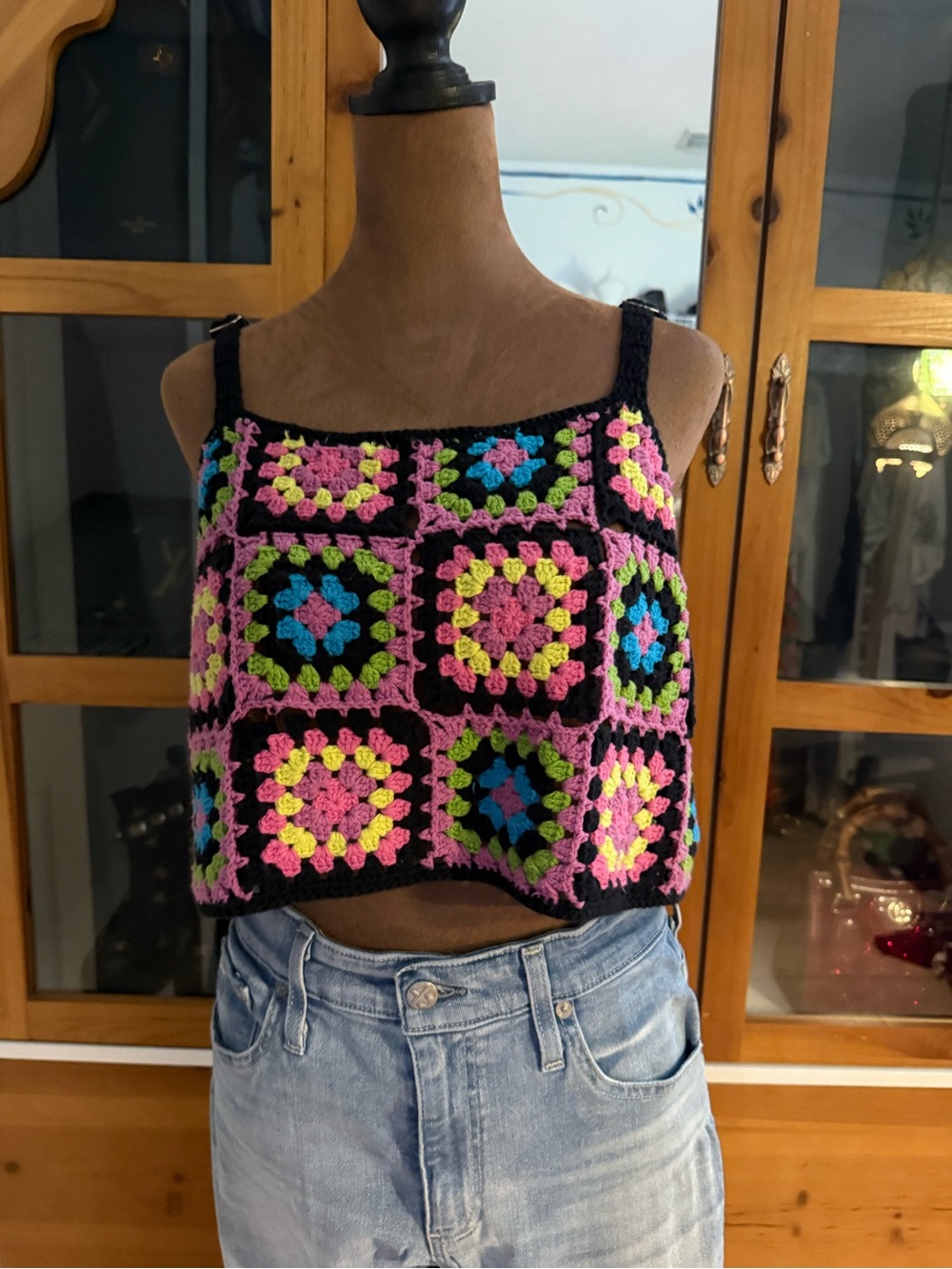Forever 21 Black Crochet Cropped Tank with Pink, Yellow & Blue Accents